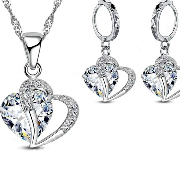Fashion Jewelry Jewelry - Cute 4Pc Diamond Hearts 💕 Set Pendant, Earrings &18" Chain Sterling Silver
